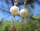London blue topaz and pearl gold wire wrapped earrings, bridal earrings, wedding earrings