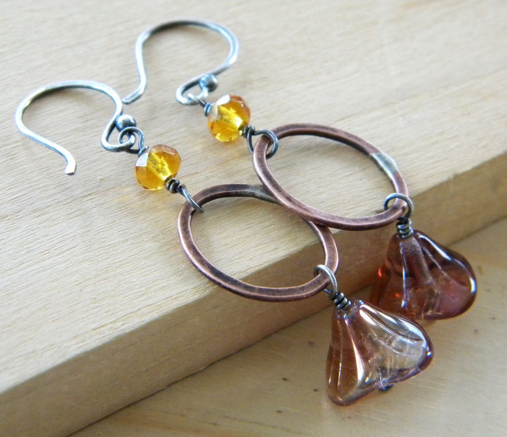 Golden Yellow Copper Sterling Silver Earrings Oval Link Iridescent Pink Bell Flower Artisan Jewelry