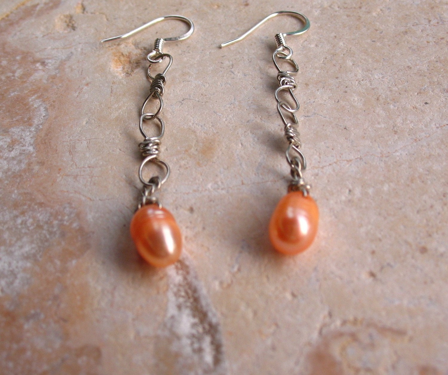 Peach Pearl Handmade Silver Chain Dangly Earrings (made to order)