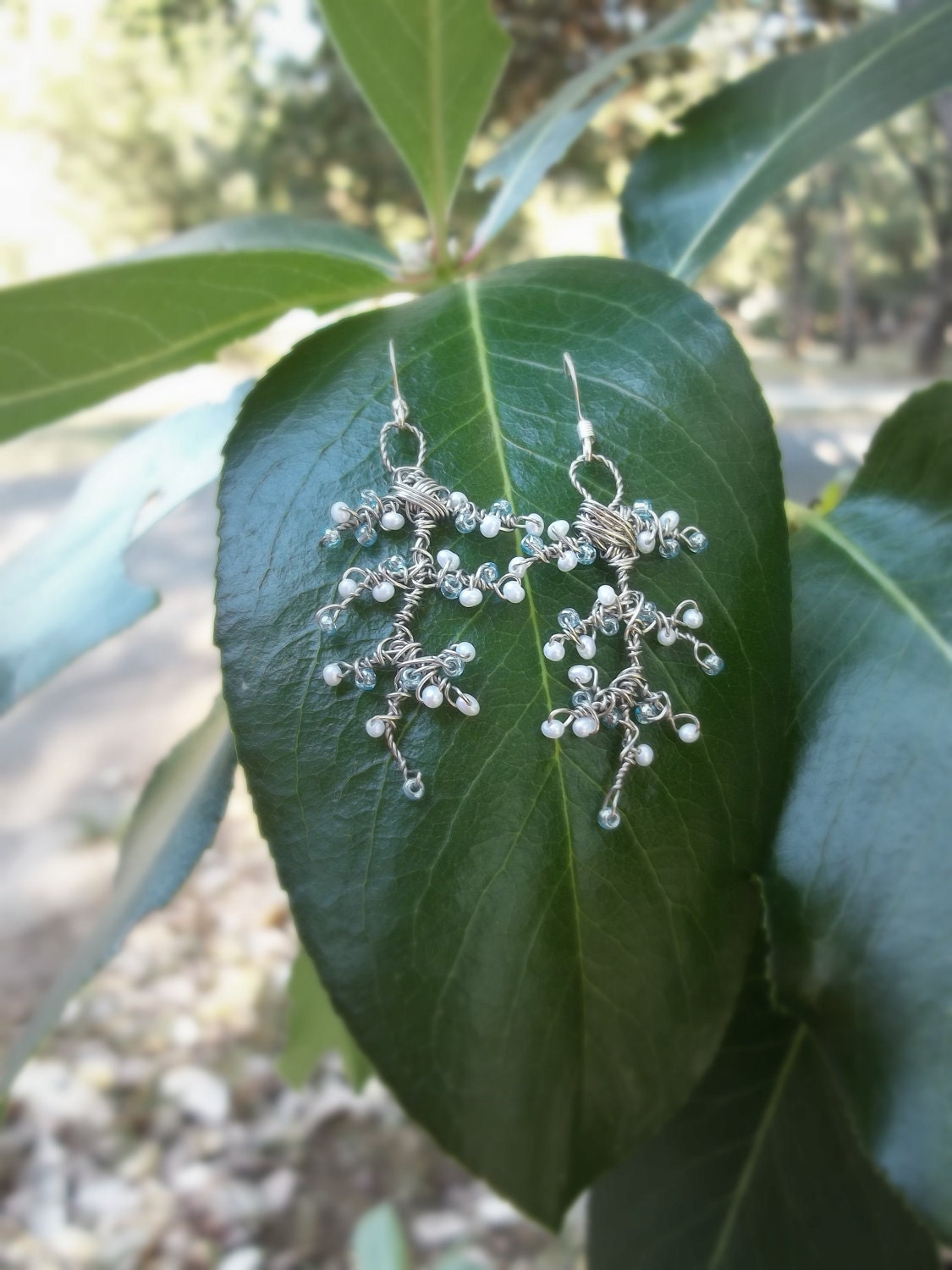 Tiny and Dainty Seed Pearl and Blue Blossoming Branch Bridal Earrings