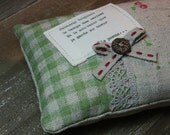 Pincushion, Linen, Gingham, Cherries, French Poem, Lace - TEMPS DE CERISES