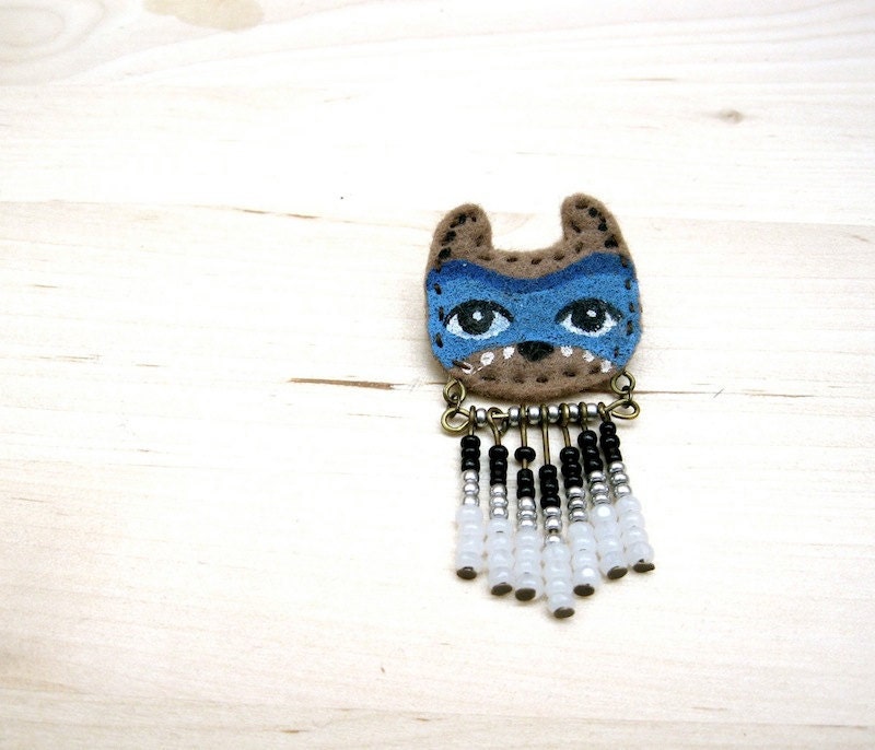 Bear Totem - Hand painted & Beaded Felt Art Pin