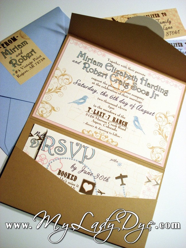 Super Cute Atlas Map Vintage Modern Rustic Pocket-Fold Wedding Invitation - Scrolls, Bird, Map - By My Lady Dye