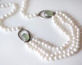 Bridal necklace white pearls with green jade sterling silver oxidized handmade elements made in Israel