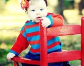 Baby Sweater, Hand Knit, Unisex -- PEABODY STREET -- Red, Orange, and Blue Striped -- Perfect for Baby Showers -- Childrens Clothing