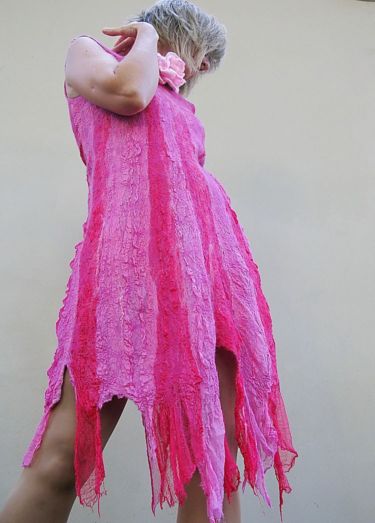 SALE... Hand felted merino wool margilan silk hot pink fuchsia dress party shabby chic spring fashion for her - "Wild Strawberry"