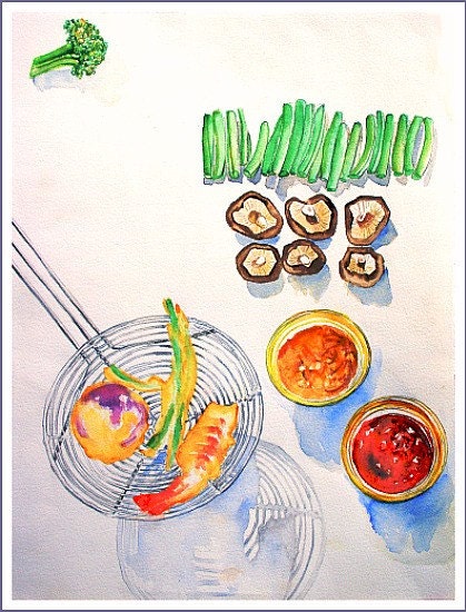 A Lesson in Tempura--watercolor, print from original painting, food & kitchen art