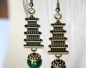 World conqueror earrings with a long bronze pagoda charms with dark green quartz dangles, asian glamour