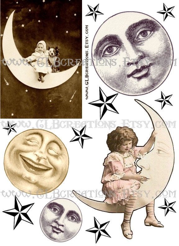 Digital Collage Sheet Vintage Moon and Stars Celestial Images