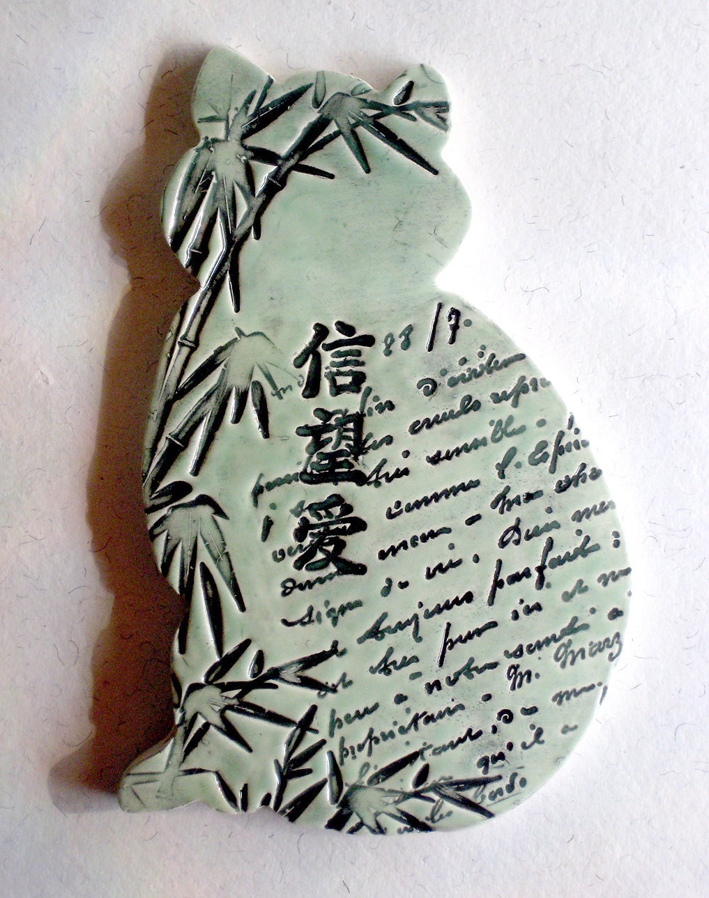 Celadon Green Lucky Cat - Ceramic Home Decor - Asian Bamboo - Text - Ceramic Art Tile