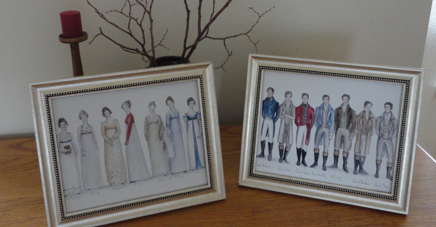 Jane Austen's heroines and her leading men.  A set of two 8x10 art prints.Pride and Prejudice. Persuasion. Emma