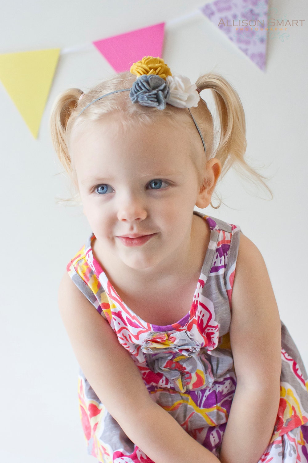 M2M Matilda Jane Triple Carnation Felt Flowers on a Grey Headband All Sizes Newborn through Adult Mustard Yellow Grey Linen White