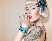 Psychobilly Sparkle Black Swallow and Turq Cherry Blossom Leopard Wristband - Turq