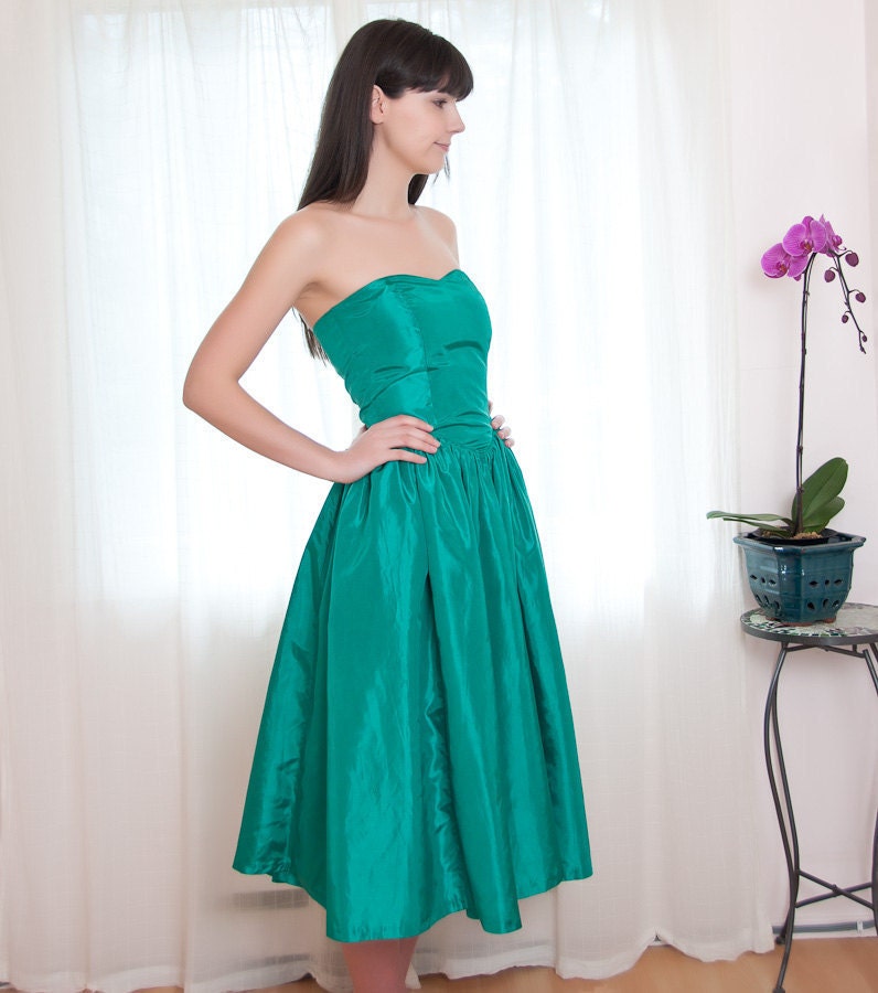 1980s Dress - 80s Formal Green Dress - Sweetheart Strapless Party Dress - S