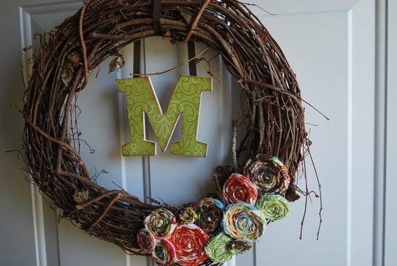 Monogrammed Shabby Chic Rosette Vine Wreath-Green