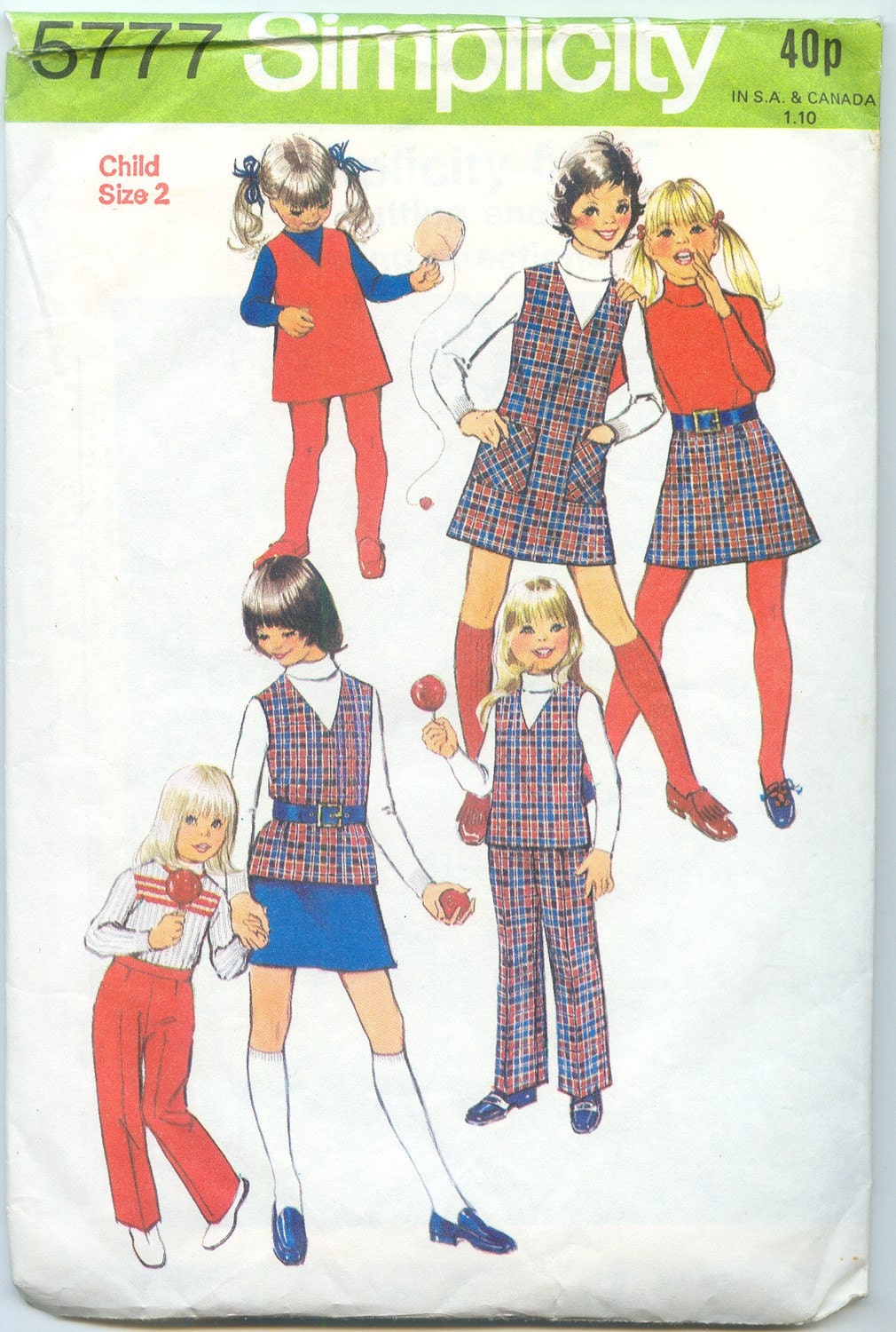 Vintage 70's Girl's Jumper, Top, Skirt and Pants Sewing Pattern - Simplicity 5777 - Child Size 2