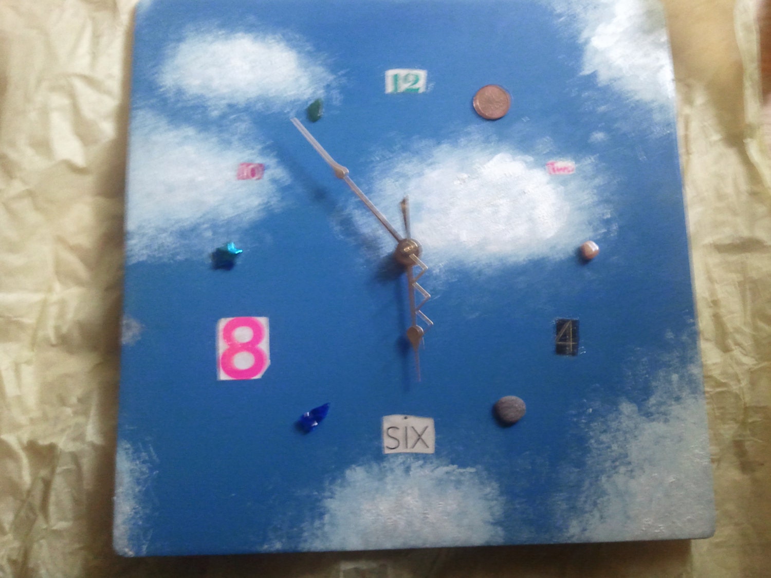 Square Mixed Media Art Clock w/ Clouds  - Unique home decor  -- Housewarming gift