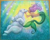 Mermaid Art Painting Polar Bear Kiss fantasy whimsical love ORIGINAL 22 x 28