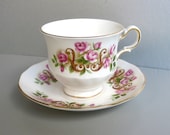 Vintage Teacup and Saucer, Queen Anne Bone China, Pink Floral, Victorian, Cottage Chic, Serving, Dining Decor