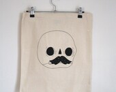 cream calico cotton tote bag shoulder straps black skull moustache screen print
