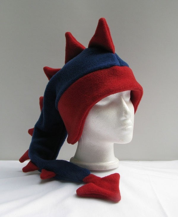 Dinosaur Hat - Mens Womens Boys Girls Denim Blue / Red Fleece Dragon by Ningen Headwear