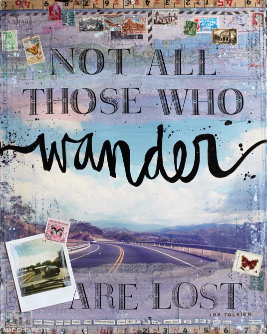 Wander II - 14 x 11 paper print -  inspirational mixed media travel word art, typography collage text