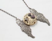 Steampunk Necklace antique gold pocket watch movement vintage gears genuine ruby silver butterfly wings flower leaf by Steampunk Nation 1495