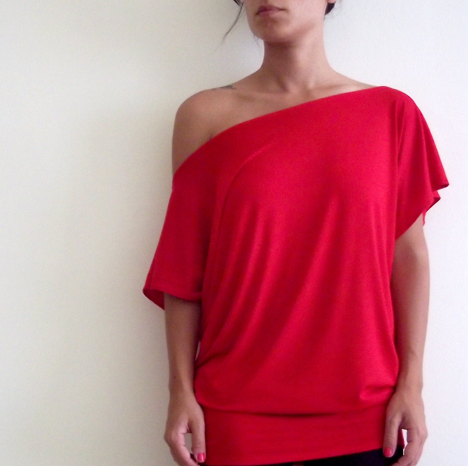 Red Tunic Top- Oversize Summer Cotton Tunic Top with short bat sleeves