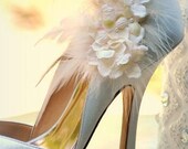 Shoe Clips Ivory / Tan Hydrangeas. Summer Elegant Bridesmaid Bride Pumps, More lavender apple green hot pink, Pearl Feather Tulle Couture
