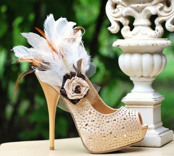 Feathered Shoe Clips. Beige Tan Ivory, Night Party Sexy Sophisticated, Autumn Fall Wedding Fashion Designer Inspired, Statement Gossip Girl