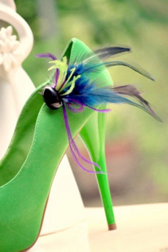Shoe Clips Navy Purple Green Rooster & Ostrich Feathers. Bride Bridal Bridesmaid Couture Fashion, Birthday Party Boudoir Opera Burlesque