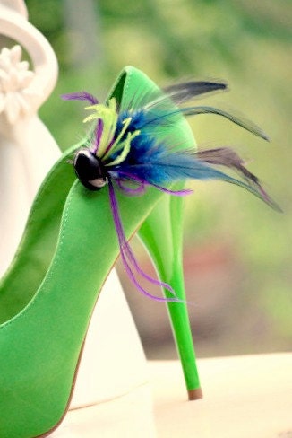 Shoe Clips Navy Purple Green Rooster & Ostrich Feathers. Bride Bridal Bridesmaid Couture Fashion, Birthday Party Boudoir Opera Burlesque