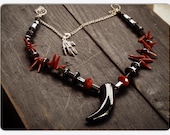 Beast. Unisex bohemian black talon , Fang , Hematite and Blood Red Talons Necklace.