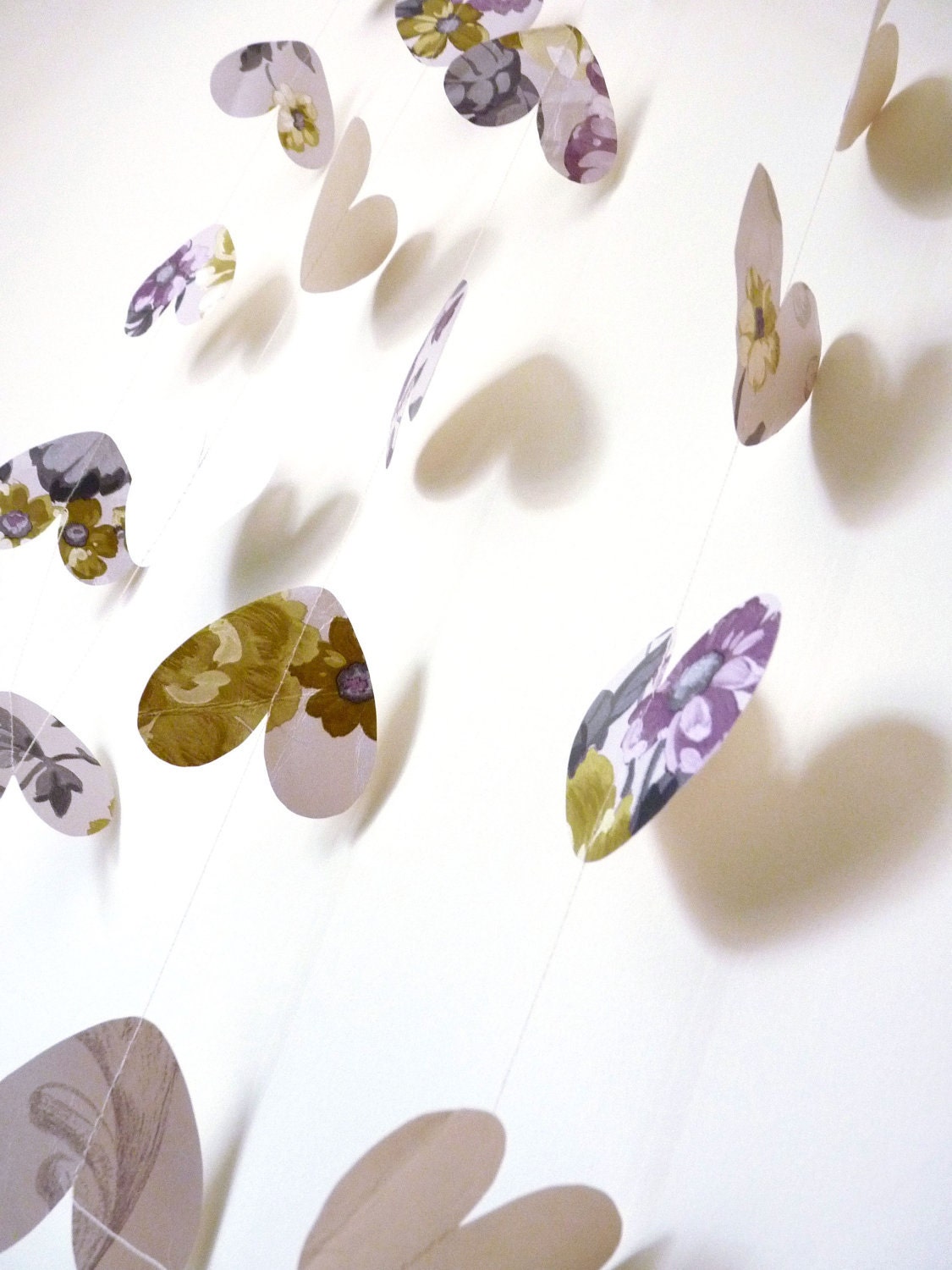 Recycled Paper Heart Garland with Purple, Yellow, Lilac & Cream Flowers - Summer Party Decor / Wedding Decoration / First Anniversary Gift