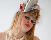 OOAK Big Bow Floral Fascinator Headband With Veil and Rhinestones
