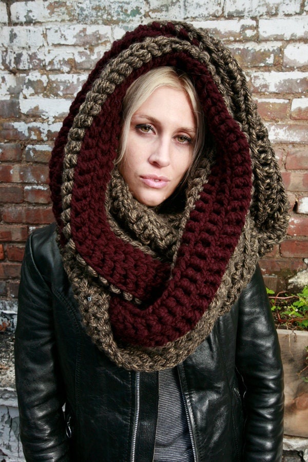 The Tallulah STRIPE Wrap Cowl Scarf in Granite Grey & Eggplant Purple