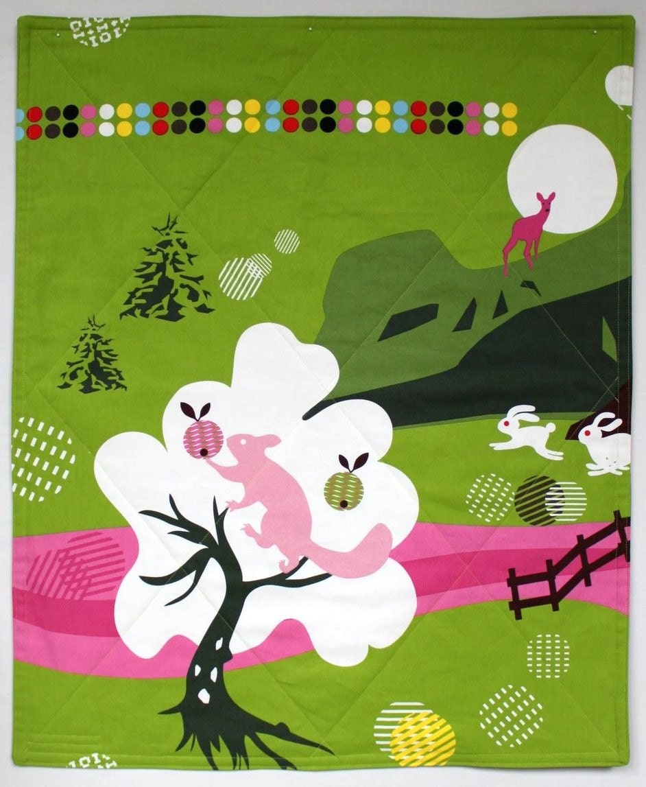 Modern Baby Play Mat with Rabbits and a Squirrel, Padded