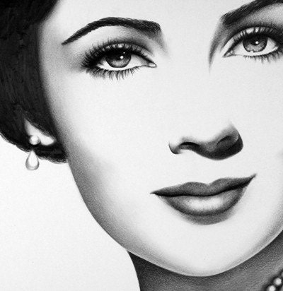 Elizabeth Taylor Pencil Drawing Fine Art Print Classic Hollywood Vintage Glamour 8x11" Signed by Artist