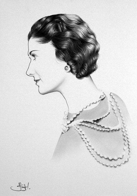 Coco Chanel Fine Art Pencil Drawing Portrait Archival Print Hand Signed by Artist