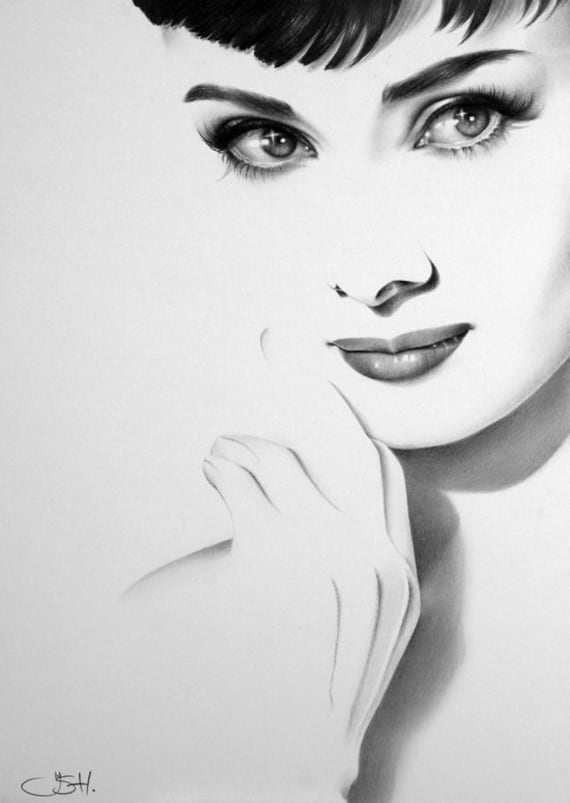 Audrey Hepburn Original Pencil Drawing Minimalism Fine Art Portrait Glamour Beauty Classic Hollywood 1950s