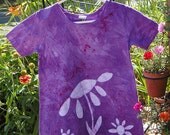 Girls Dress: Purple with Batik Flower Garden, Short Sleeves (Size 8) READY TO SHIP