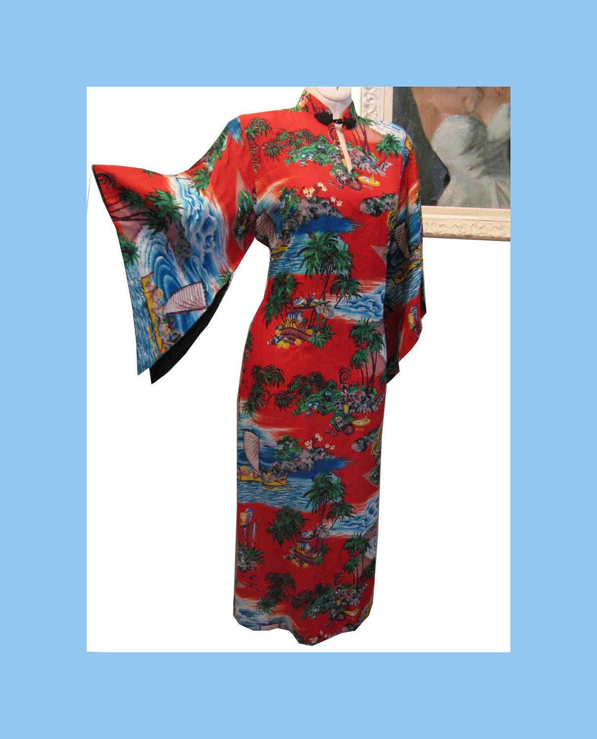 Designer 50's Iolani Vintage Aloha Hawaiian Oriental Pake Muu Dress Tiki Tropical 38 - 36 - 40