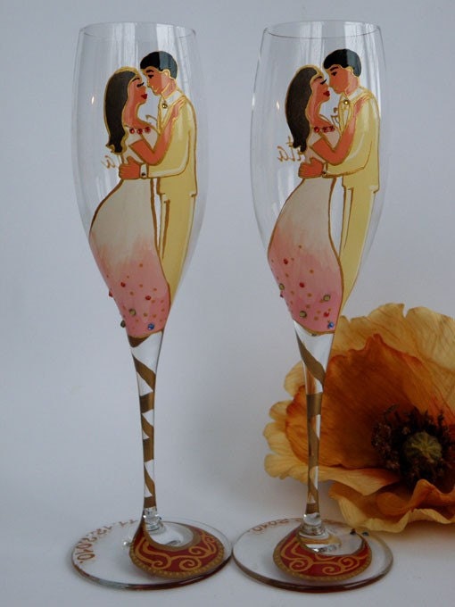 Hand painted Wedding Toasting Flutes Set of 2 Personalized Champagne glasses pink and yellow - Inspiration India - wedding portrait