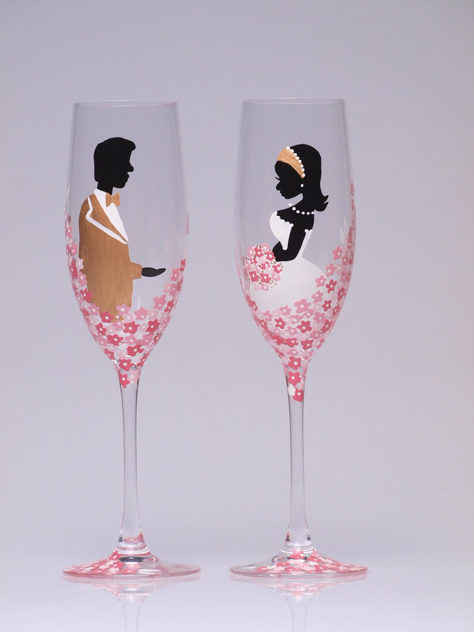 Hand painted Wedding Toasting Flutes Set of 2 Personalized Champagne glasses Groom and Bride Caffe Latte and pink roses