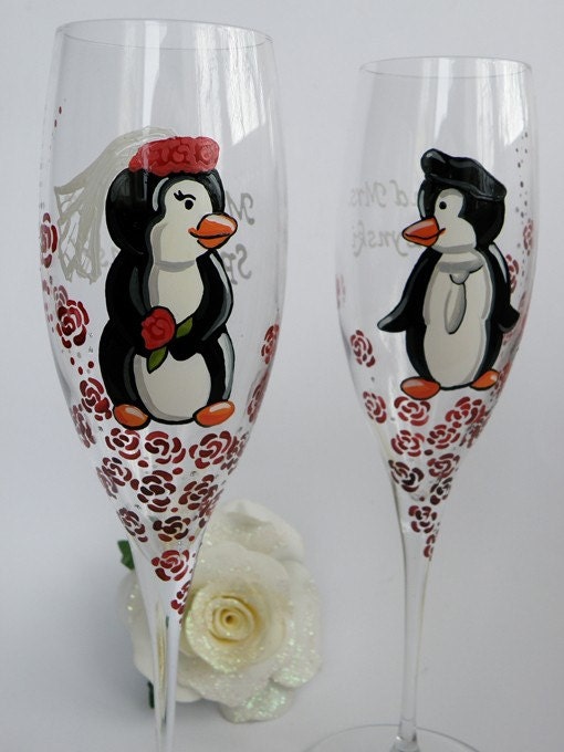 Hand painted Wedding Toasting Flutes Set of 2 Personalized Champagne glasses Penguins