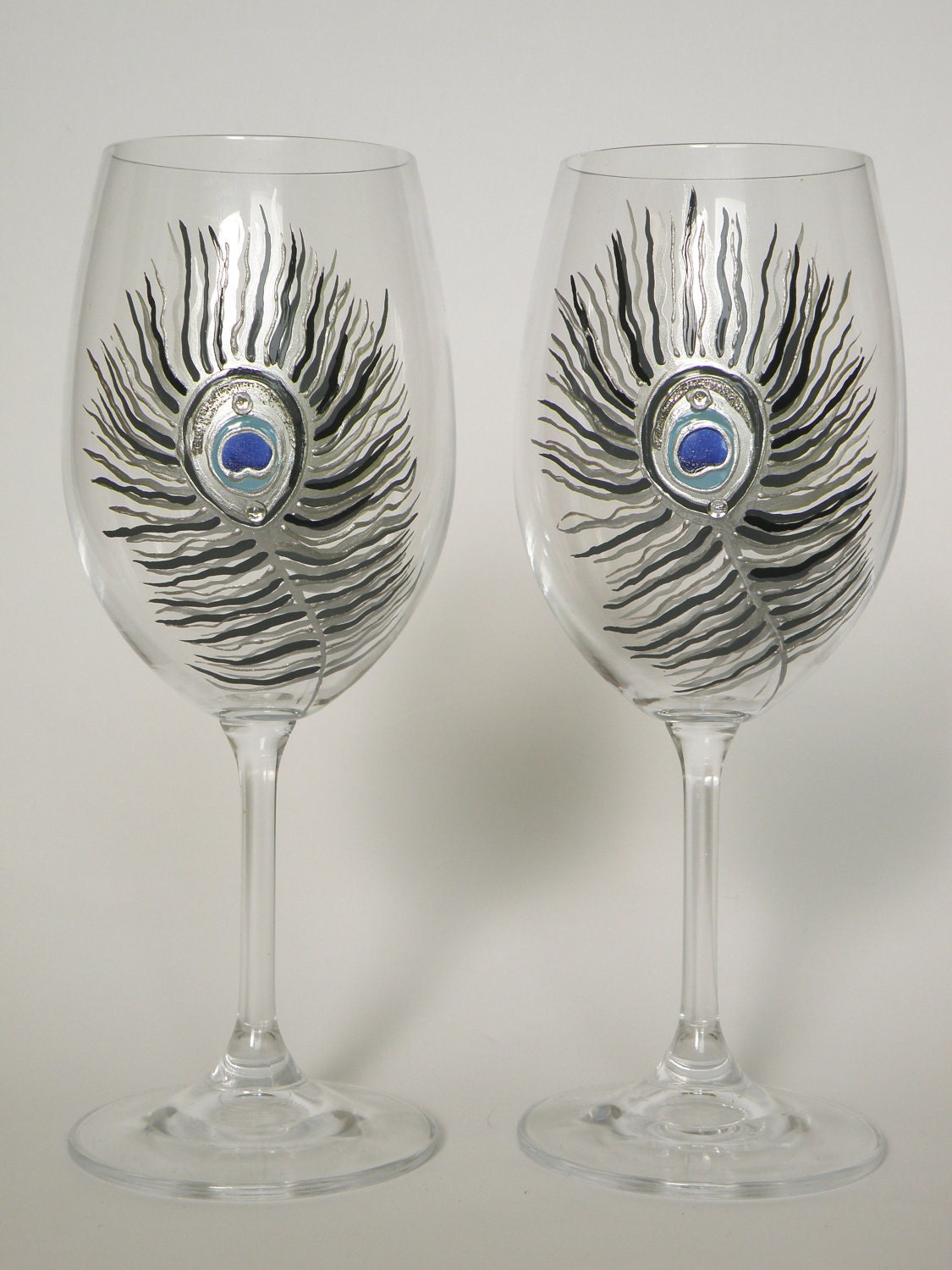 Silver Peacock Feathers with crystals Wedding Toasting Wine glasses Set of 2