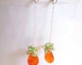 Fall Pumpkin Earrings, Sterling Silver Wire Wrapped Orange Carnelian Teardrops Green Peridot, Autumn Jewelry, Handmade by Sonja Blume
