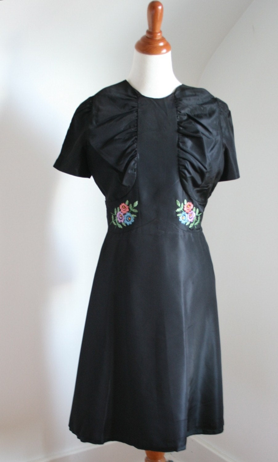 1930s-40s Black Acetate Taffeta Embroidered Dress