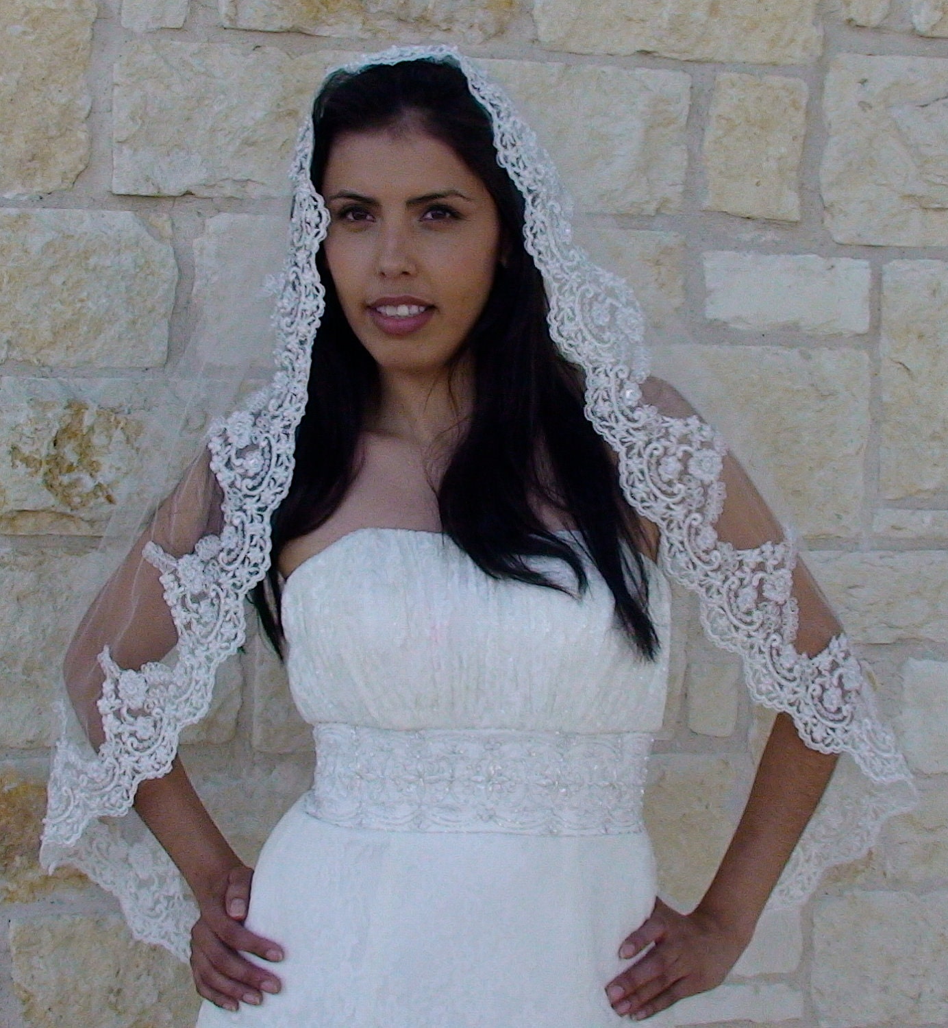 Lace Bridal Veil,  Fingertip, One tier,  Scalloped Edge, Beaded Lace, wedding lace veil, white ivory or champagne