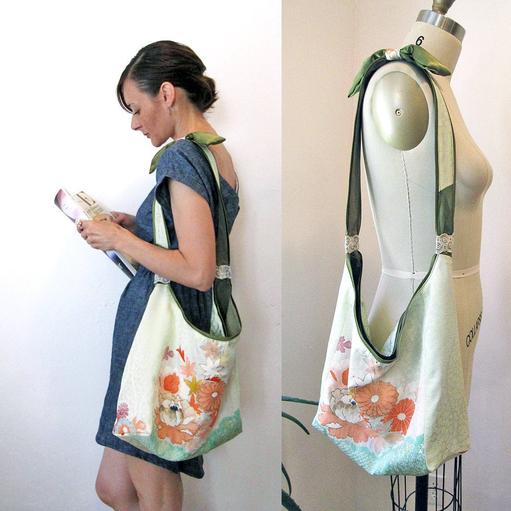 Boho Kimono large shoulder bag - One of a kind Vintage kimono silk and organic cotton canvas